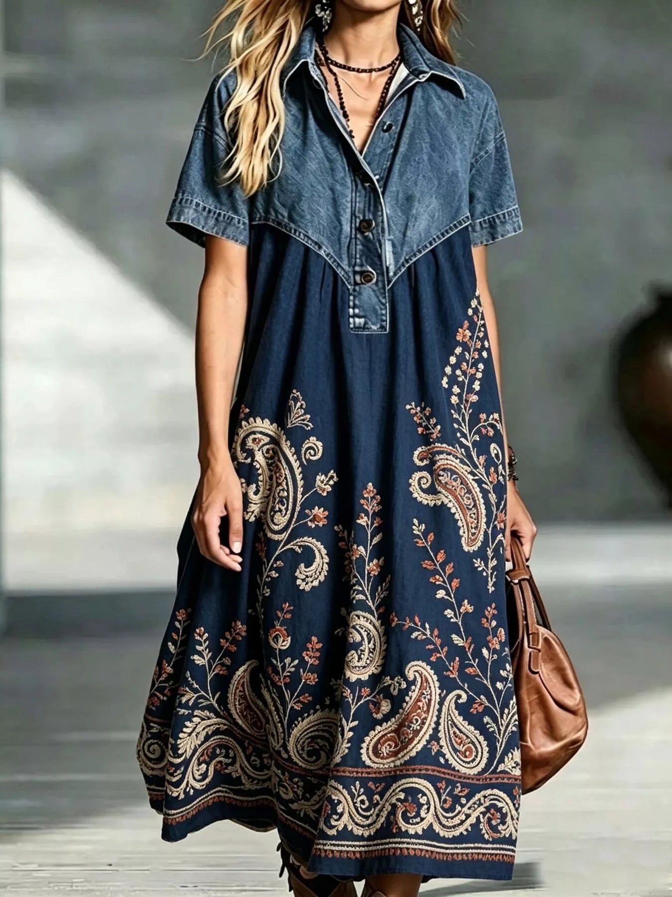 Denim Patchwork Print Shirt Dress