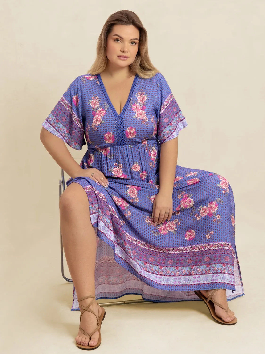 V-Neck Flutter Sleeve Dress in Blue Purple