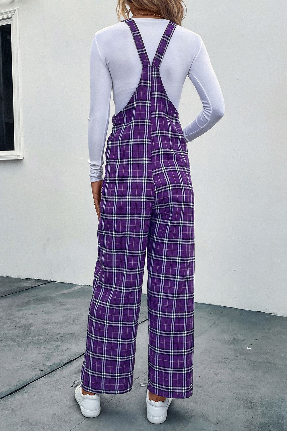 Plaid Straight Leg Overalls in Vivid Violet