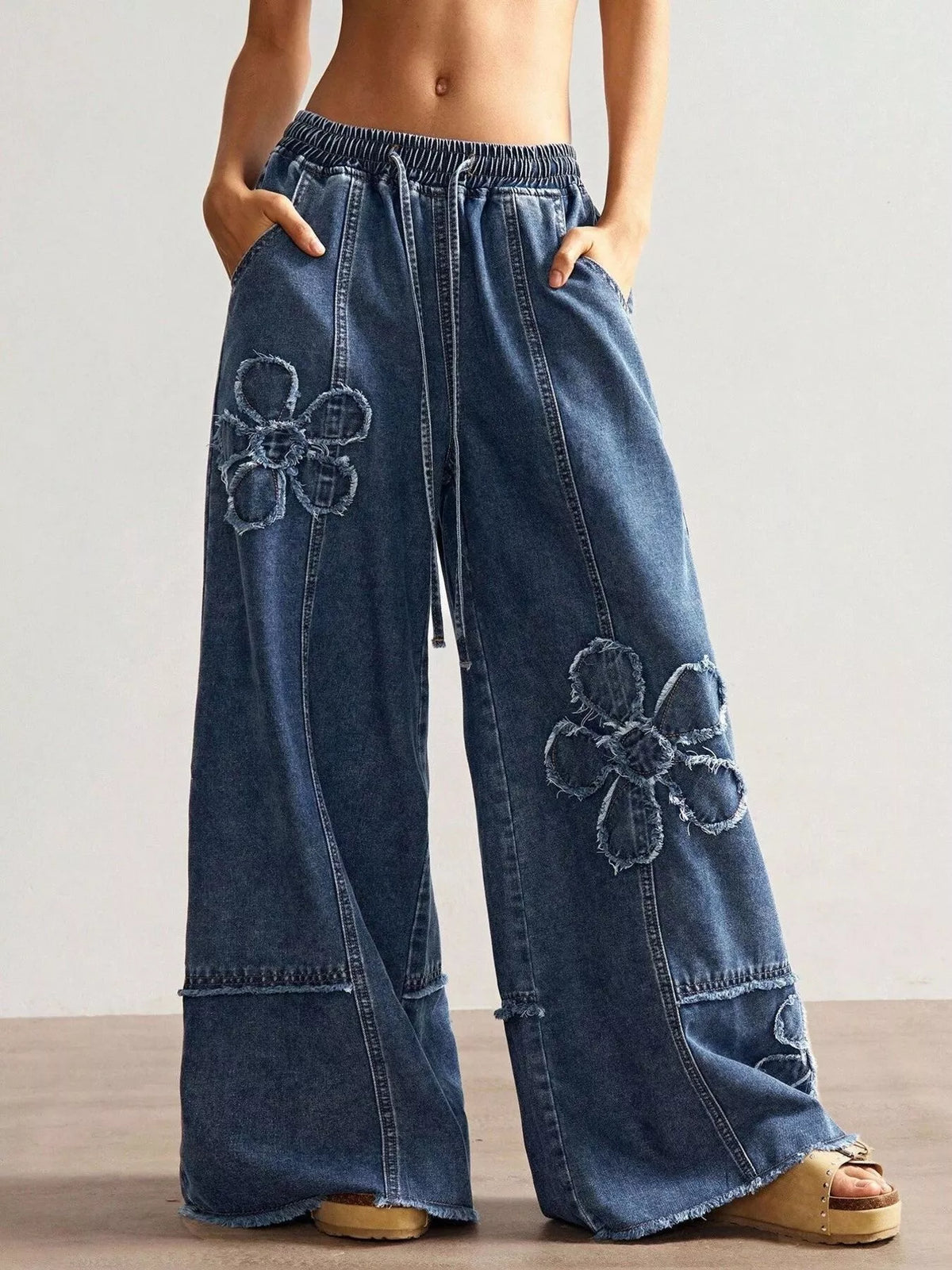 Flower Applique Wide Leg Jeans