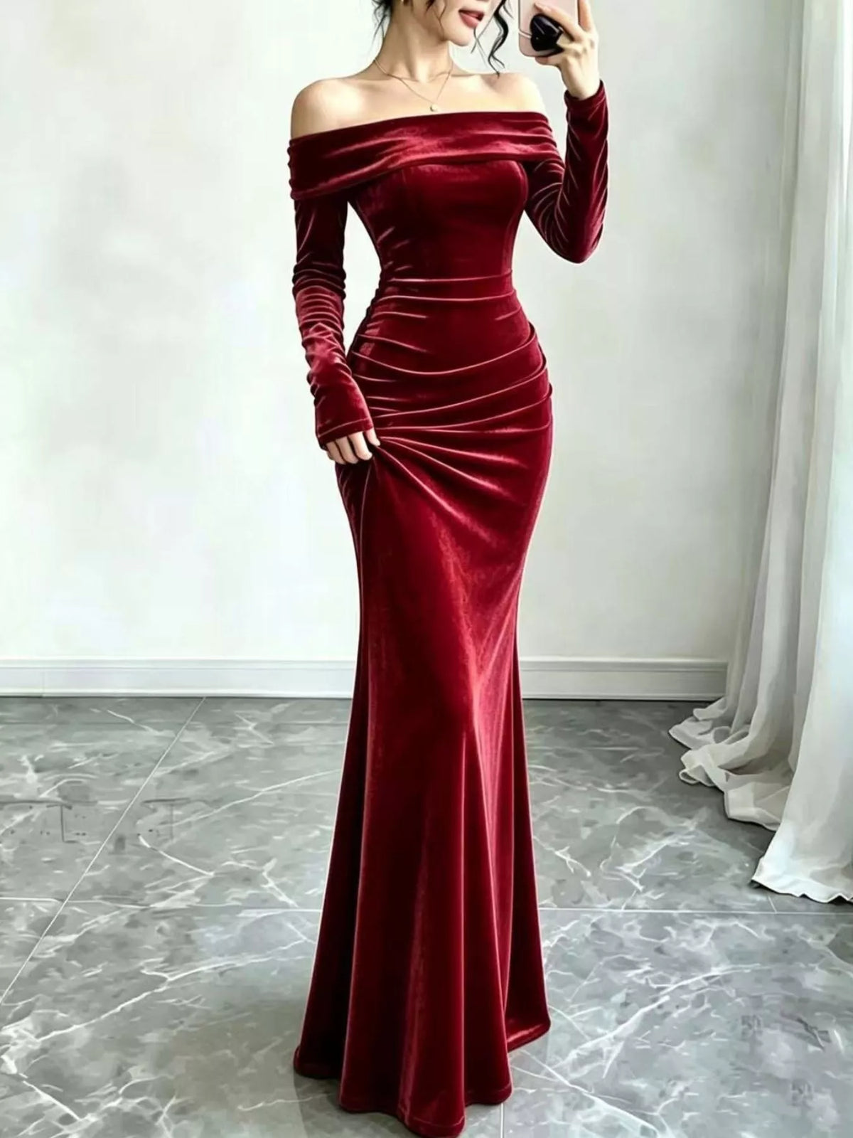 Off-Shoulder Ruched Mermaid Maxi Dress