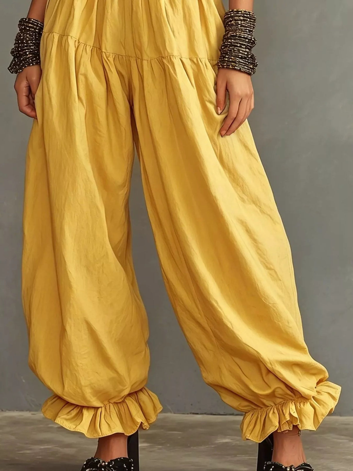 Smocked Ruffle Hem Wide Leg Pants