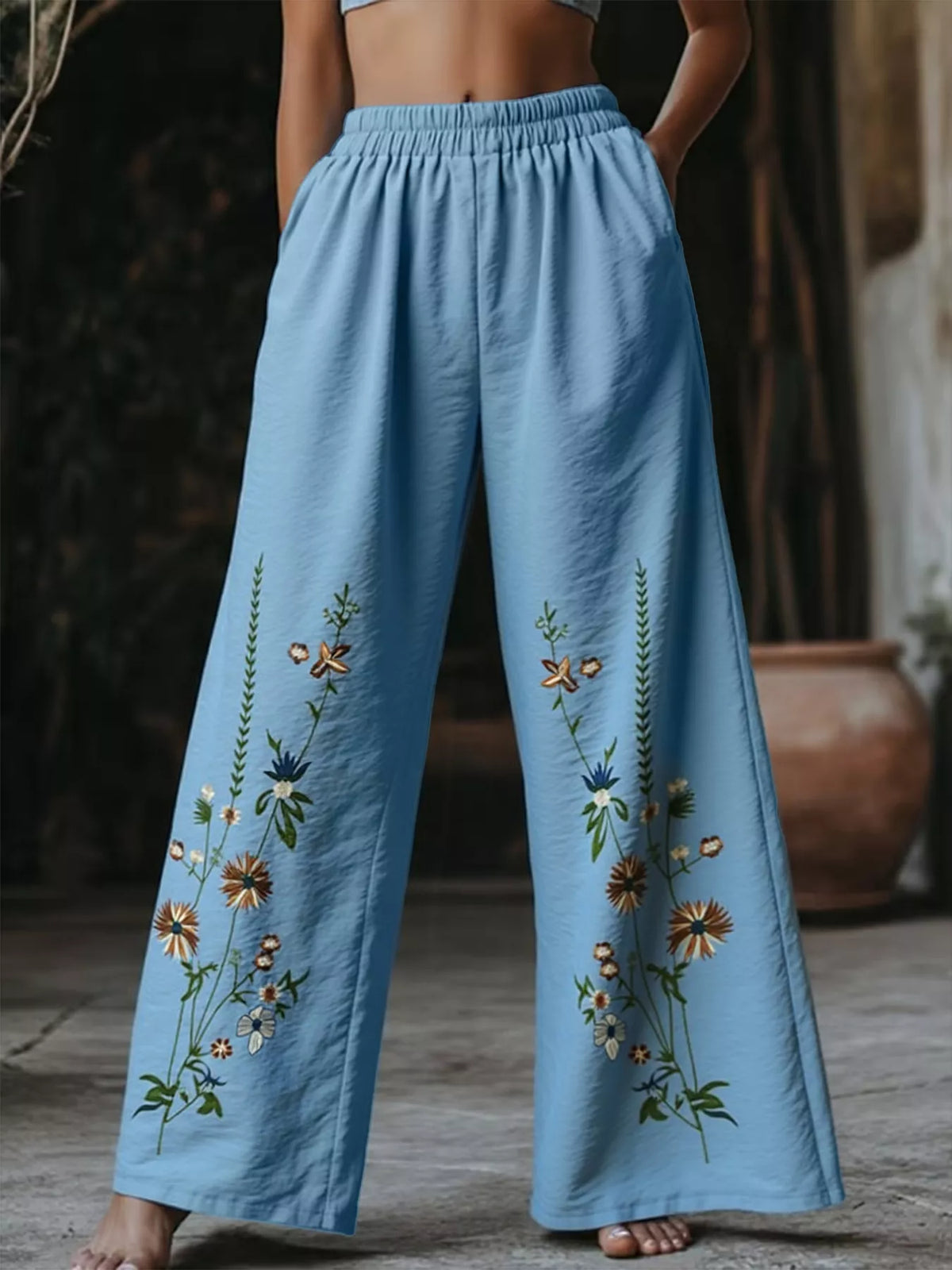 Floral Wide Leg Pants in Sky Blue