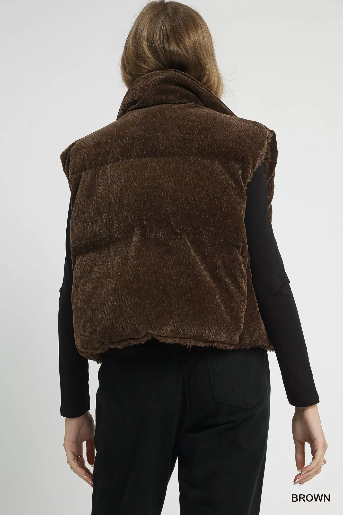 Umgee Sherpa-Lined Zip Vest in Brown