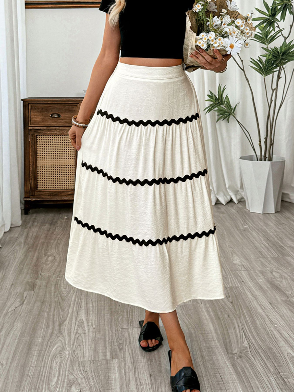 Tiered Flowy Midi Skirt in Beige