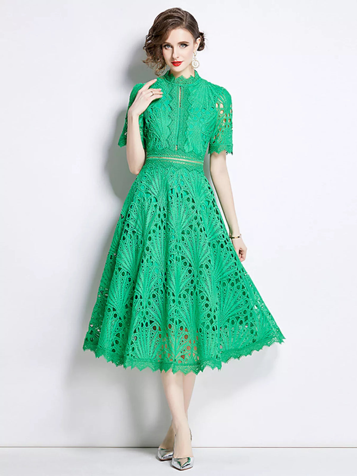 Lace Short Sleeve Midi Dress