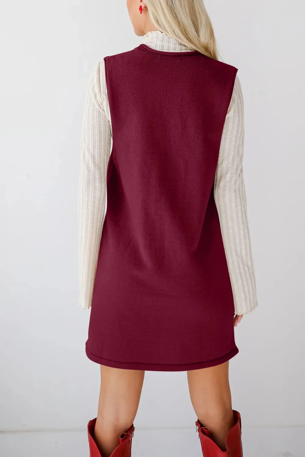 Pocketed V-Neck Sweater Overall Dress