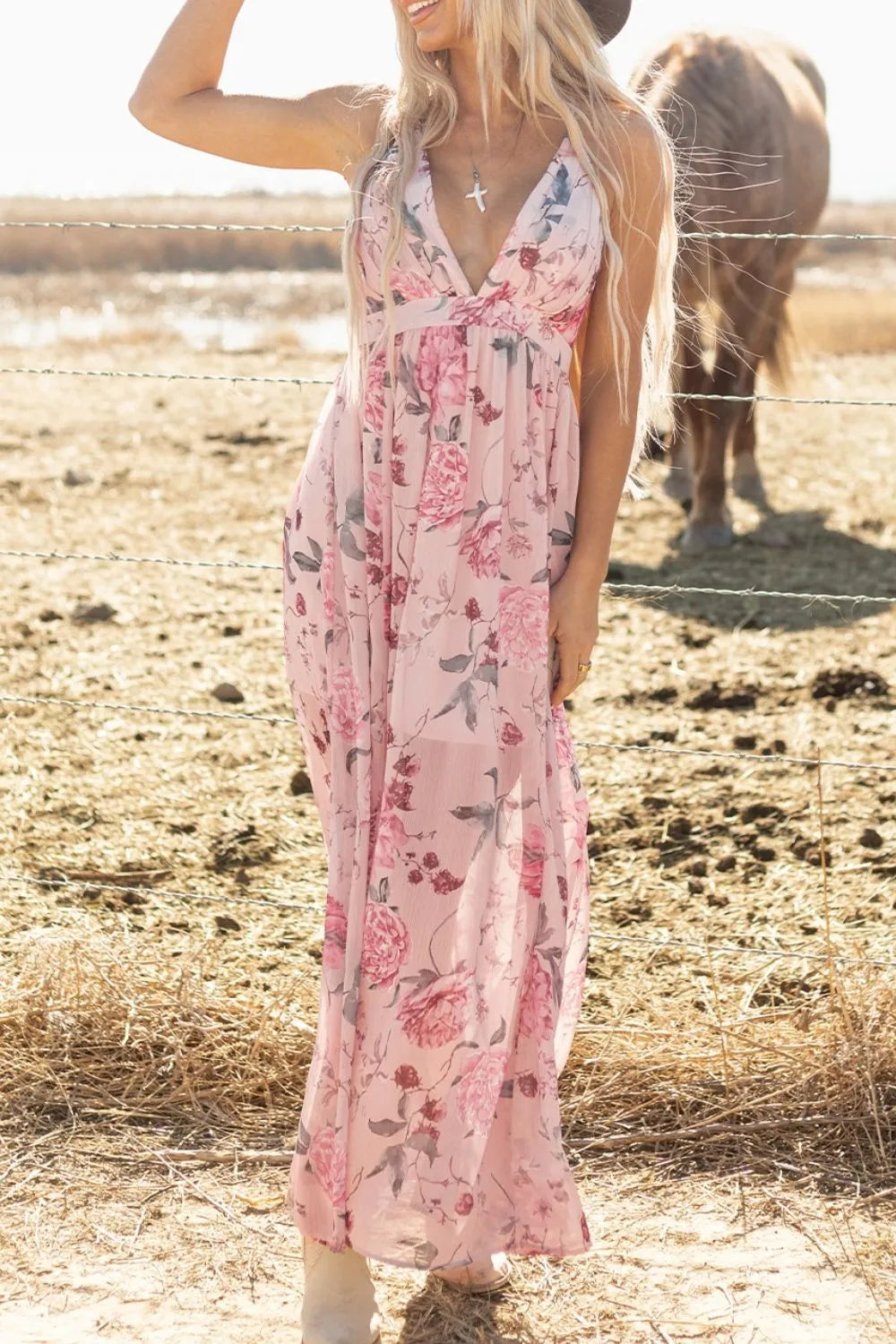 Floral Pleated Deep V Backless Maxi Dress in Blush Pink