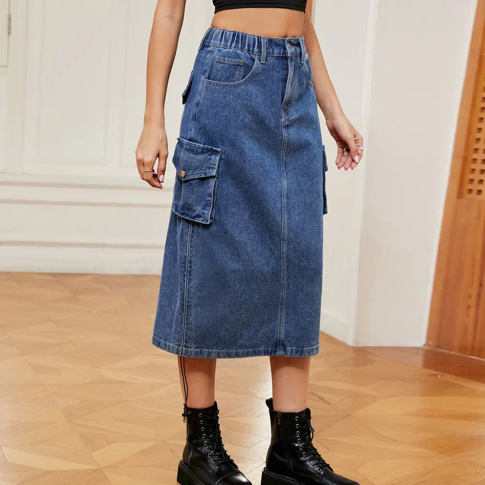 Drawstring Ruched Denim Midi Skirt by Manny