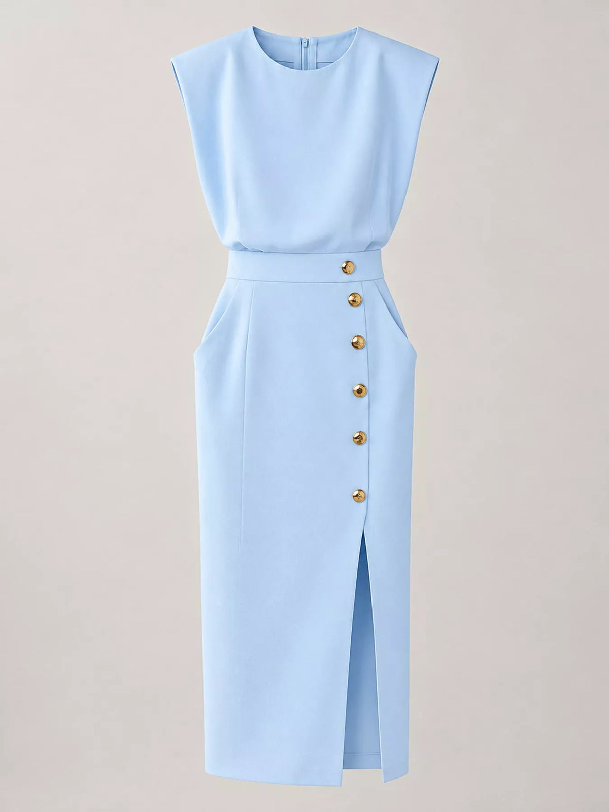 Sleeveless Midi Dress with Gold Button Detail