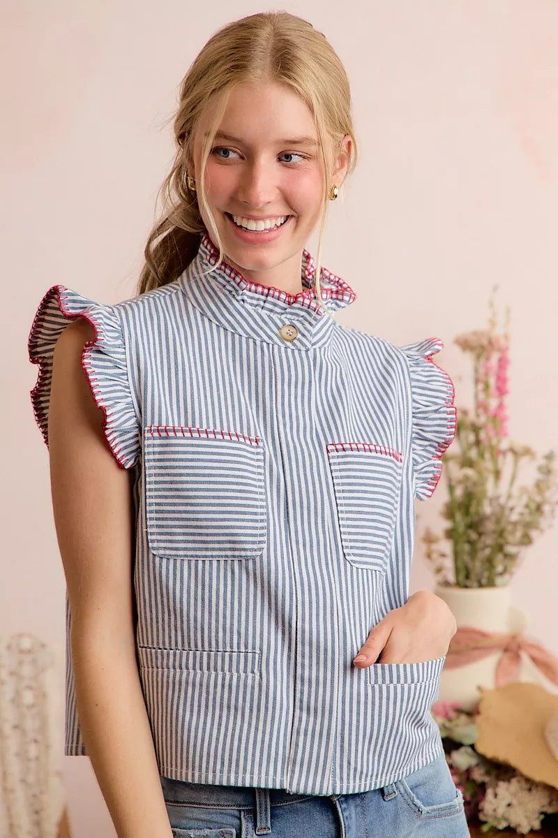 So Me Striped Ruffled Vest Top in Blue and Red in Blue/Red