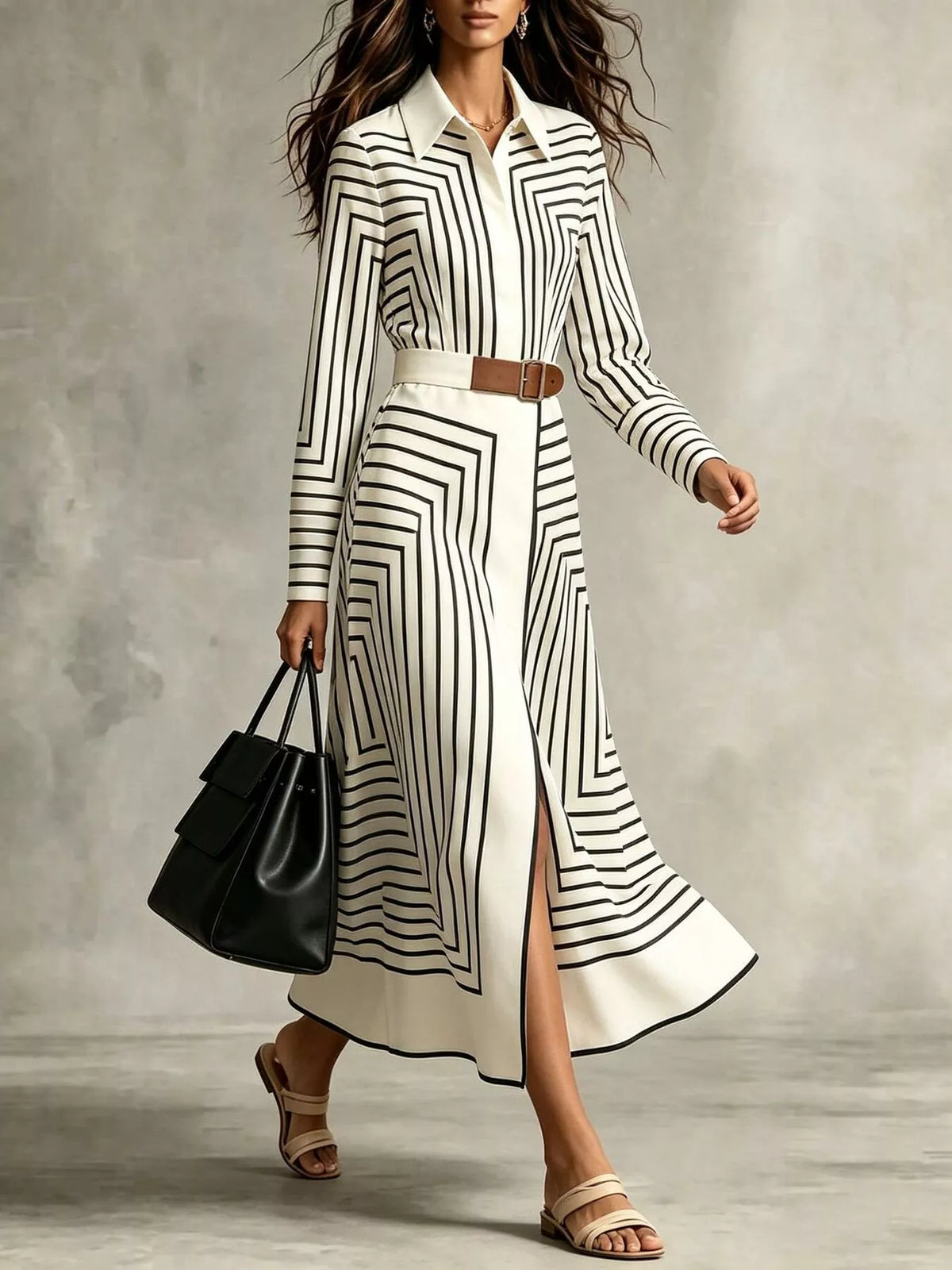 Geometric Striped Midi Shirt Dress in White