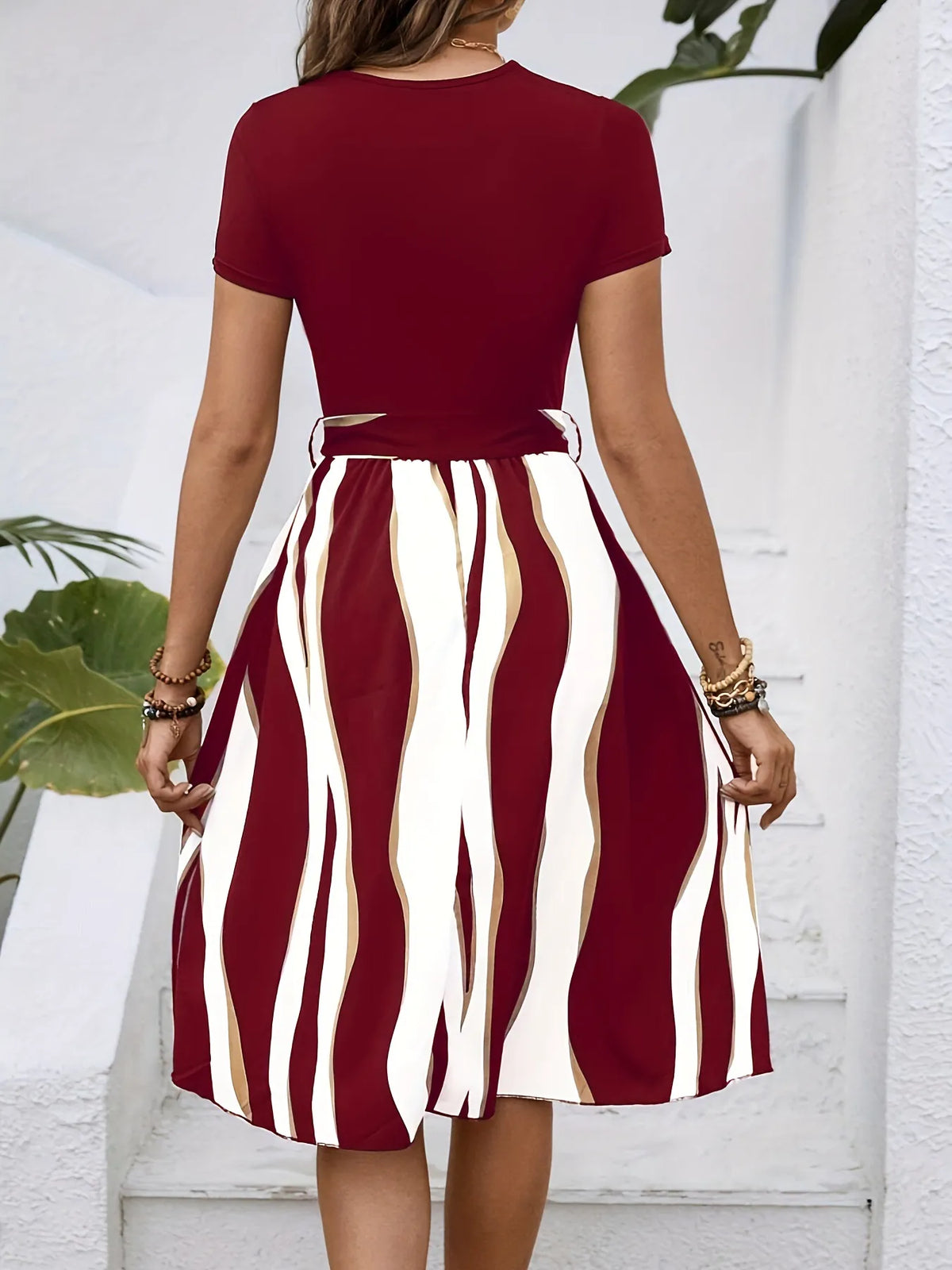 Striped Short Sleeve Tie Waist Dress by Classic Comfort