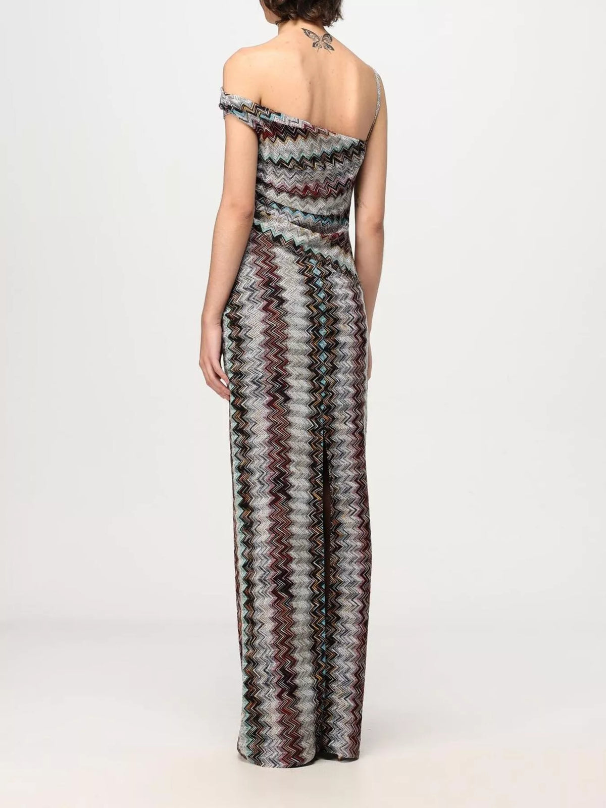 One-Shoulder Zigzag Knit Maxi Dress in Multicolor