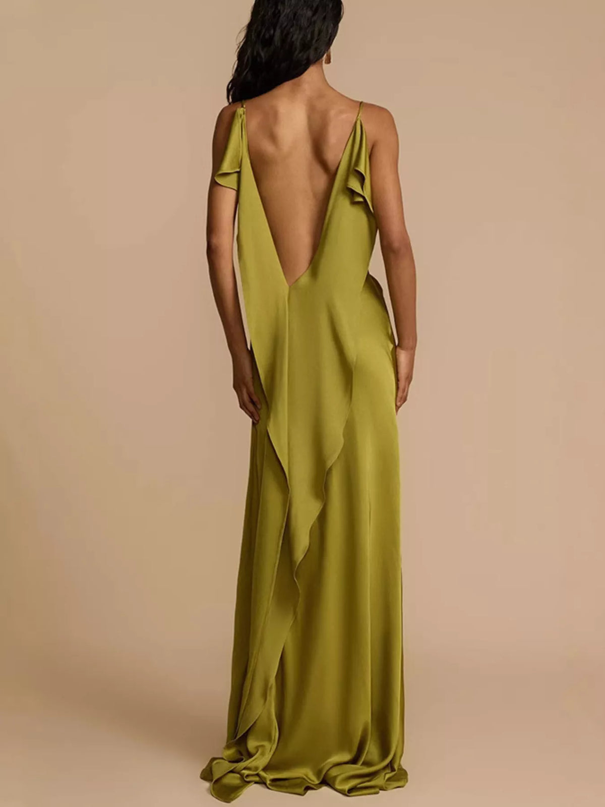 Satin Cowl Neck Slit Maxi Dress in Matcha in Matcha Color