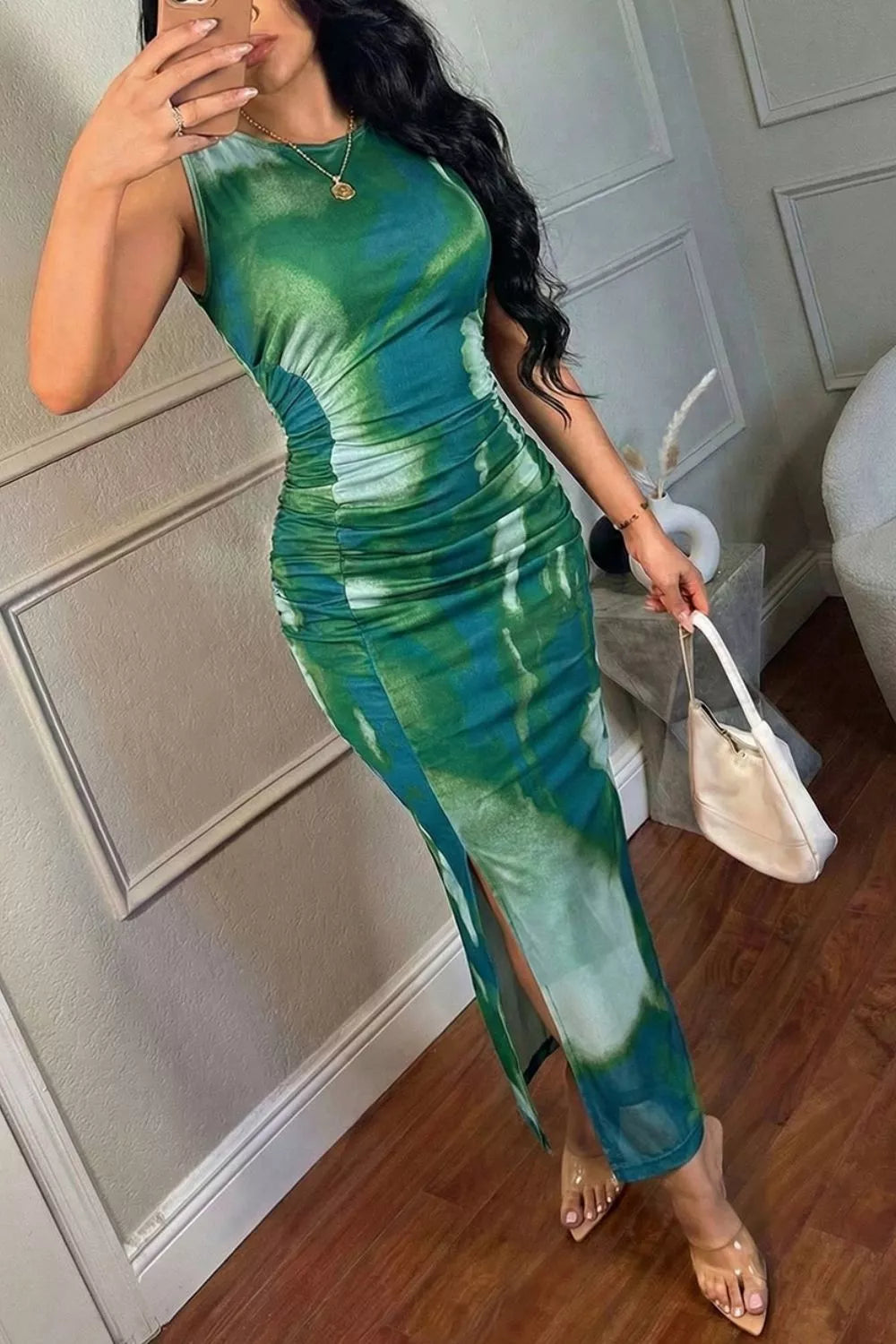 Sleeveless Ruched Tie-Dye Maxi Dress in Turquoise