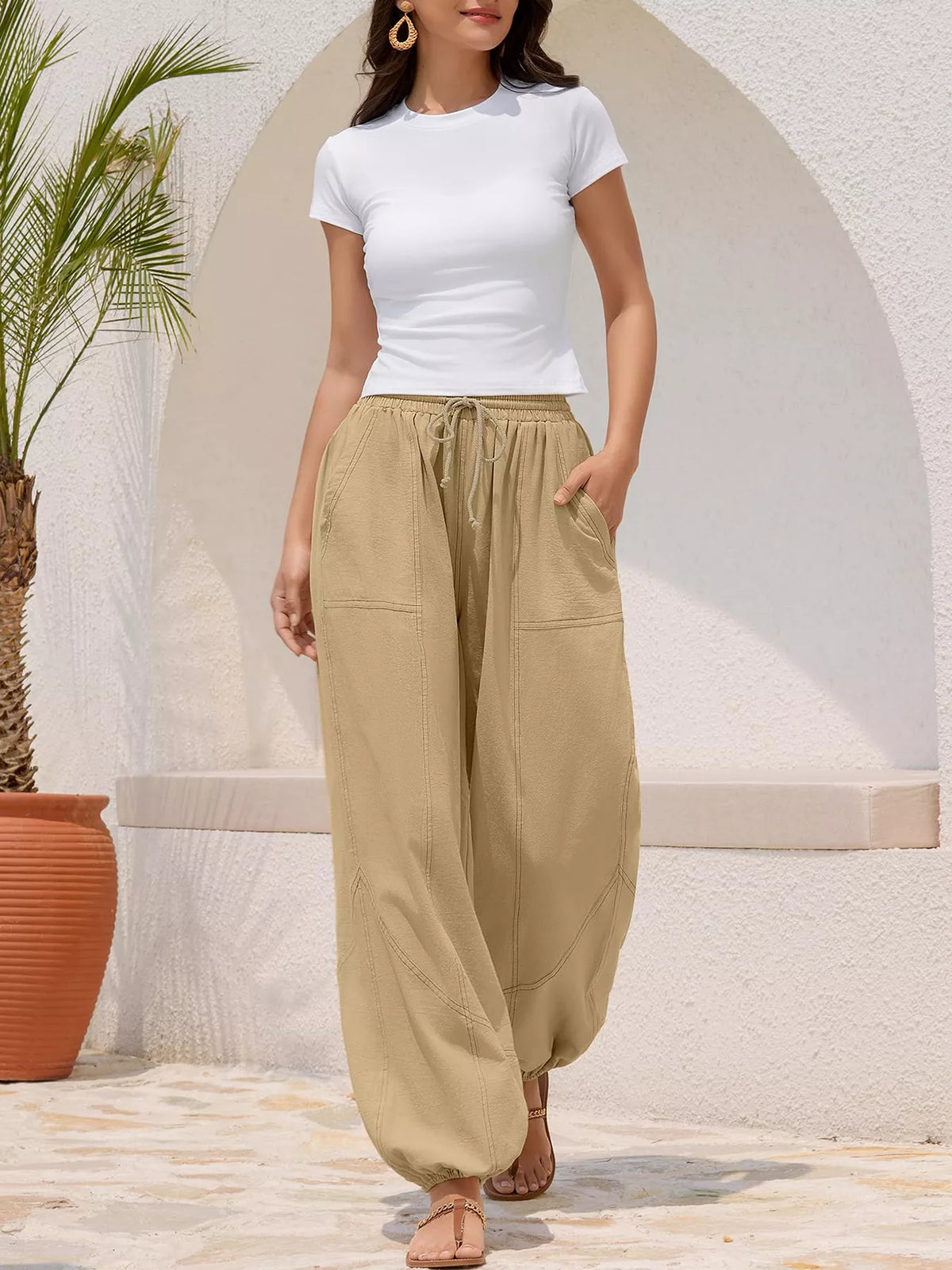 Contrast-Stitch Drawstring Harem Joggers