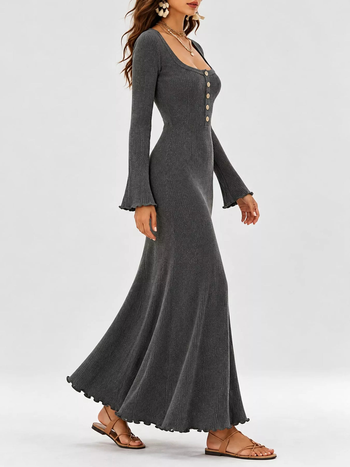 Button-Front Ribbed Knit Maxi Dress
