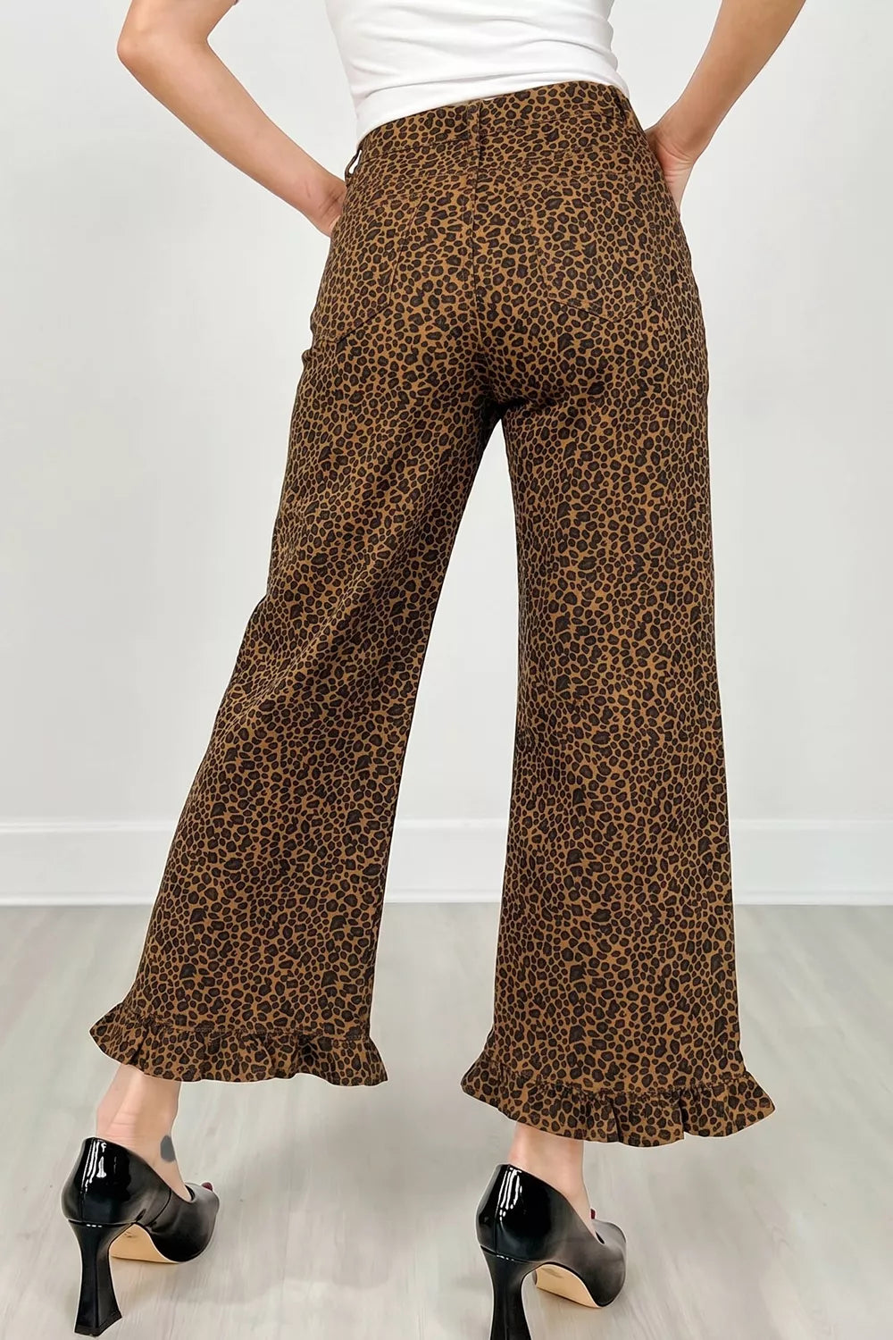Leopard Print Ruffled Hem Jeans in Dark Brown