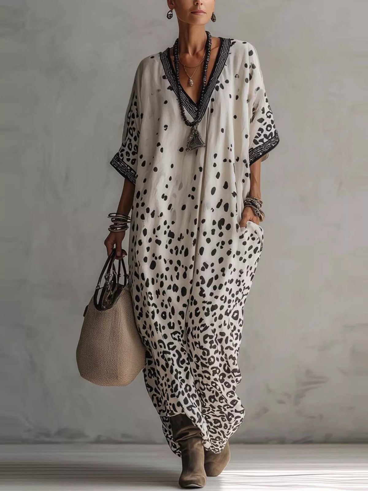 Leopard Print V-Neck Maxi Dress in White