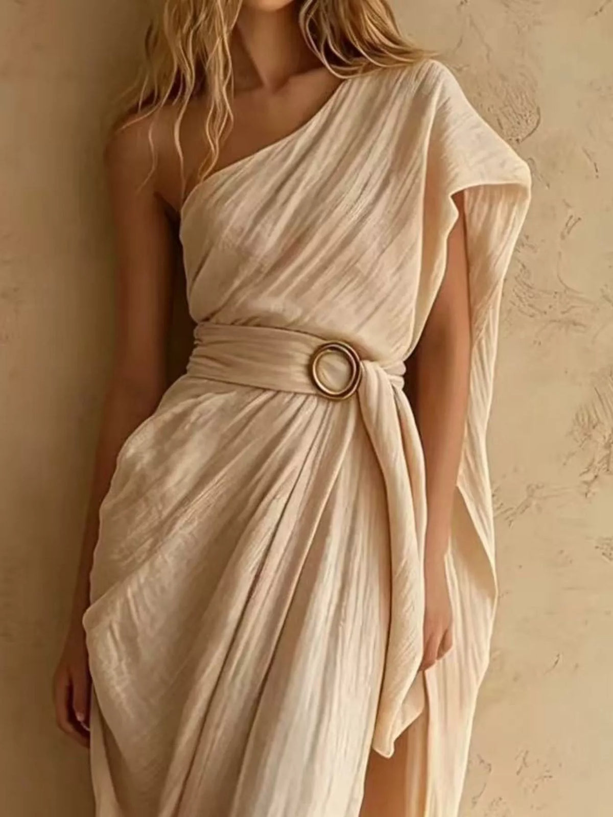 One-Shoulder Draped Maxi Dress with Waist Buckle