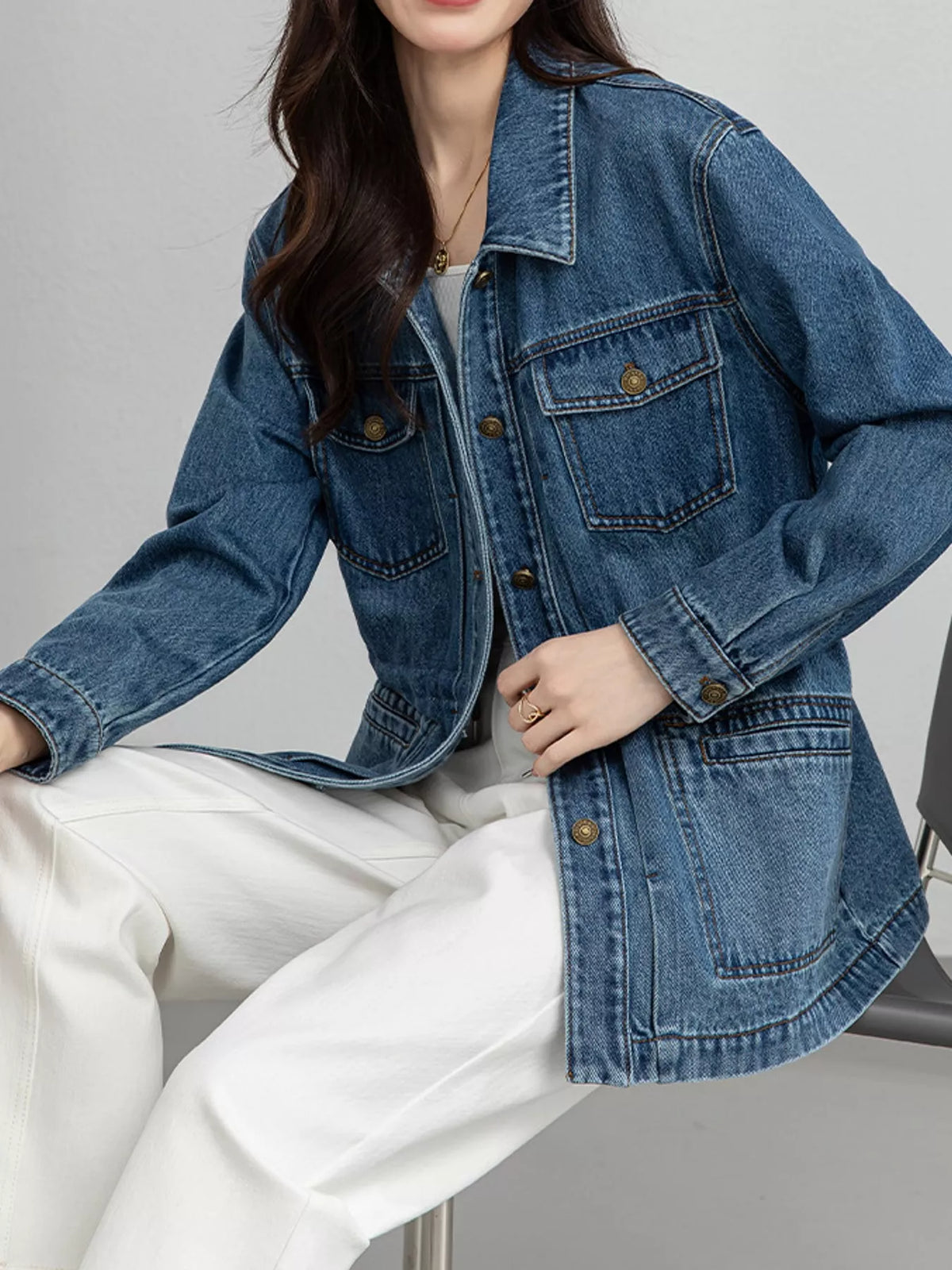Washed Denim Button-Up Jacket in Blue