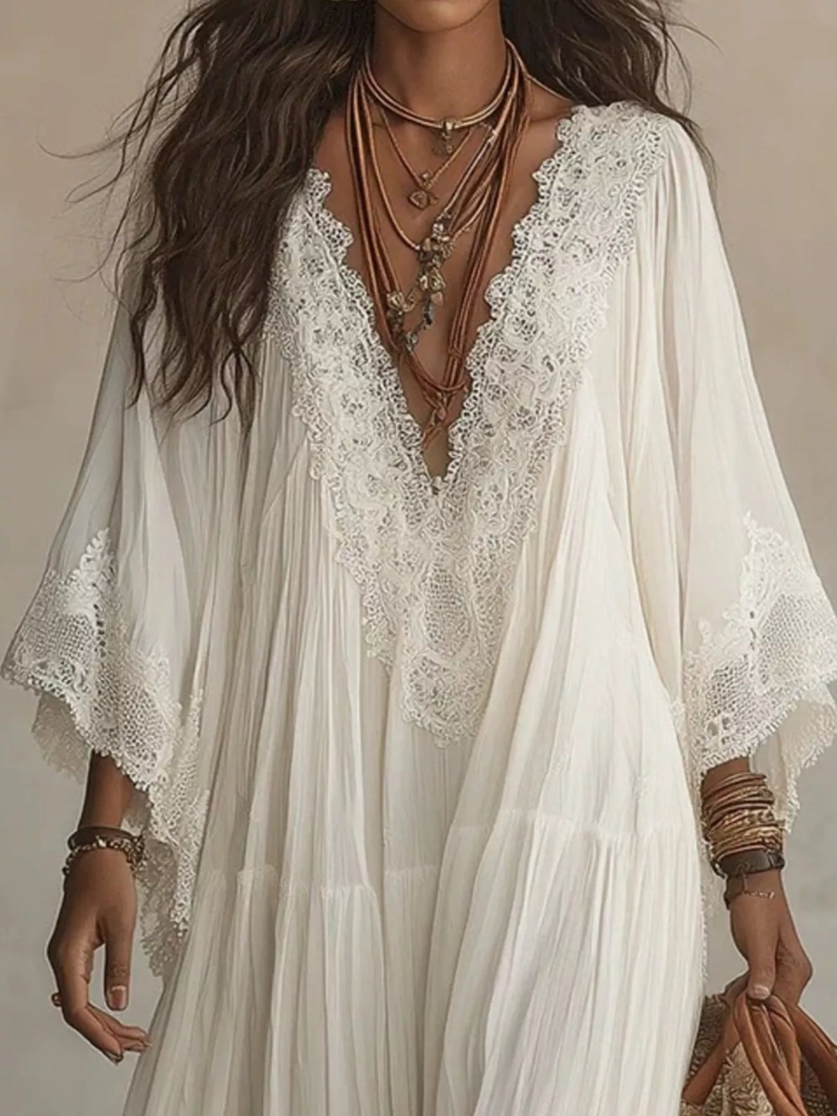 Lace Trim Tiered V-Neck Maxi Dress