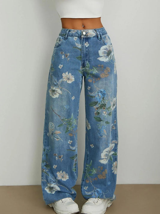 Printed Wide Leg Jeans in Light Wash