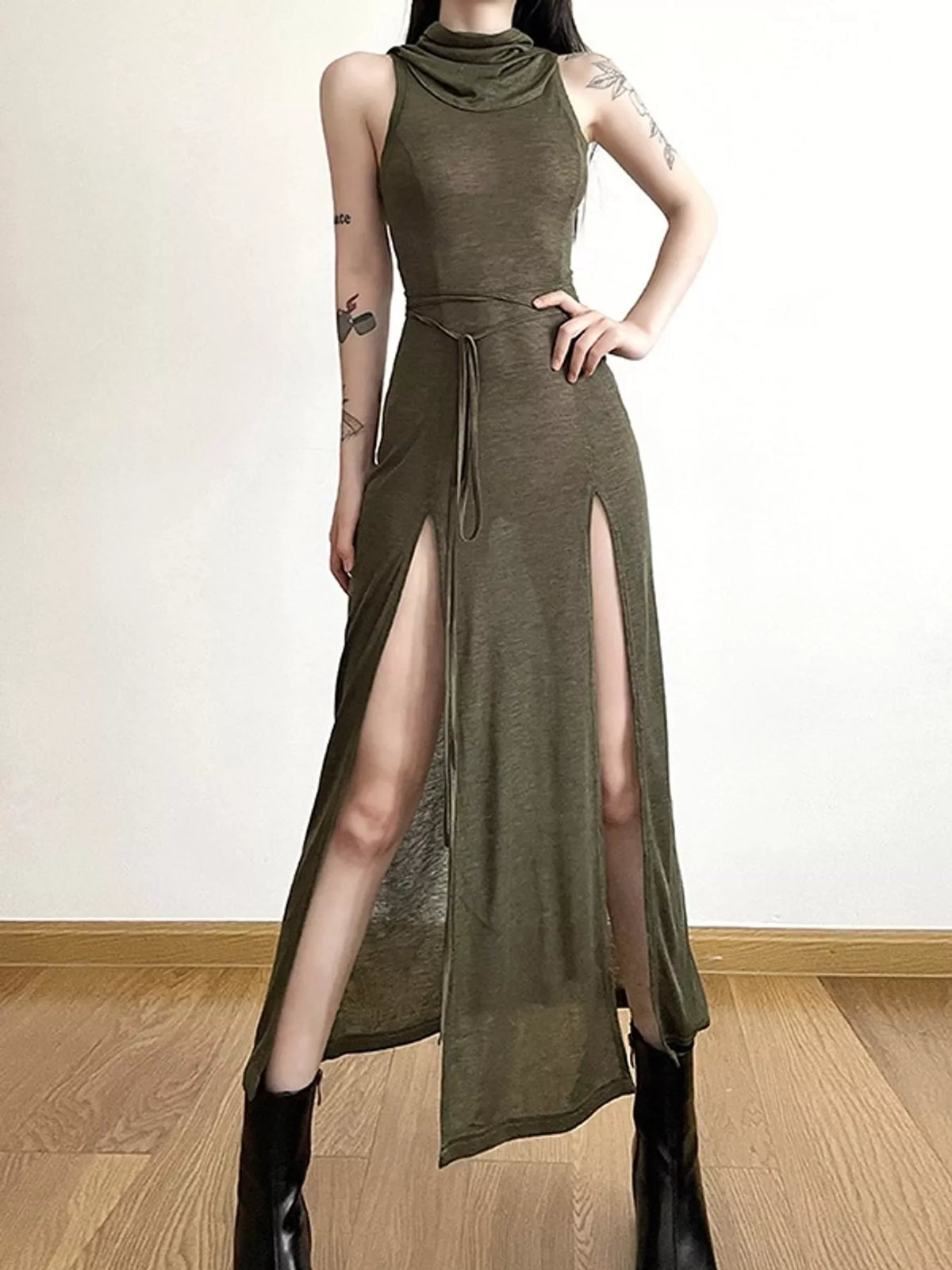 Sleeveless High-Slit Hooded Maxi Dress