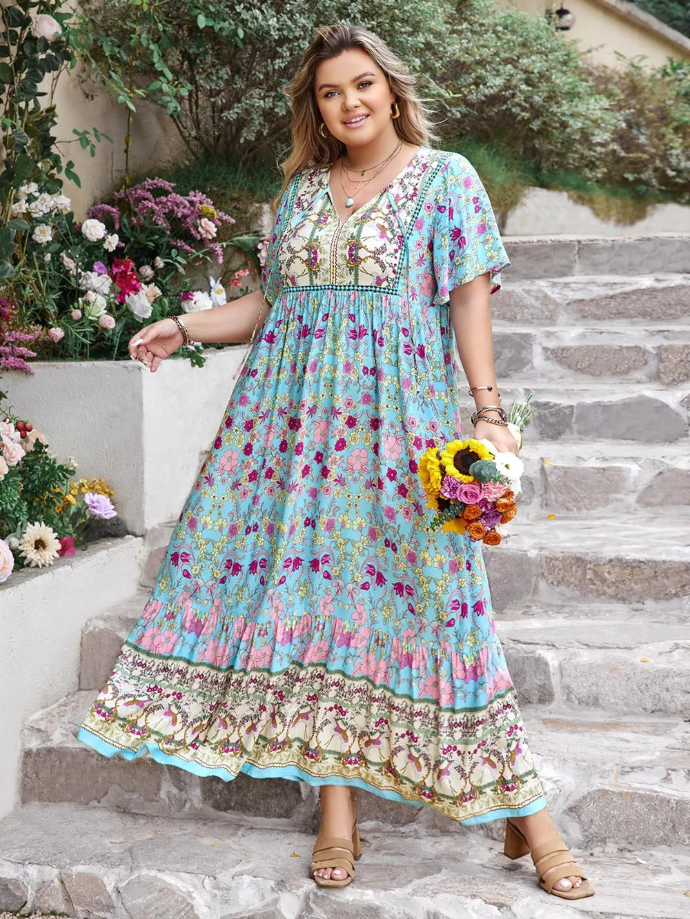 Printed Tie-Neck Flutter Sleeve Maxi Dress in Pastel Blue in Pastel  Blue