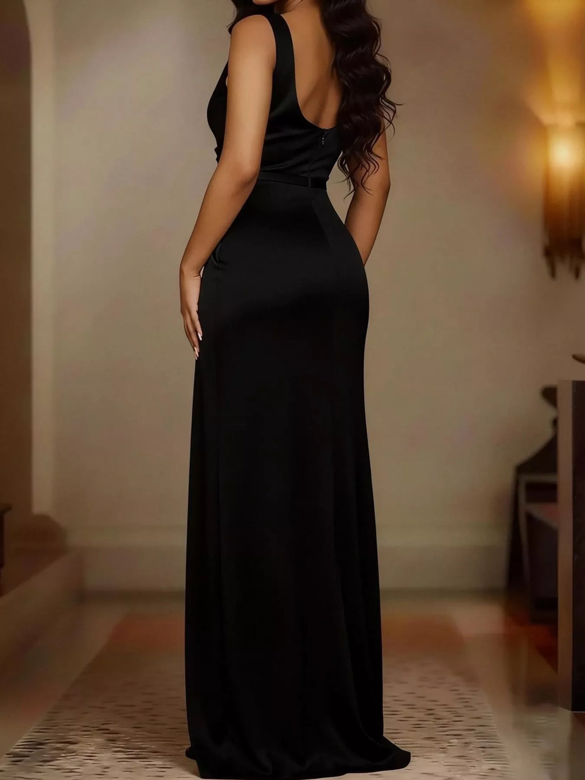 Satin Cowl Neck High-Slit Evening Maxi Dress