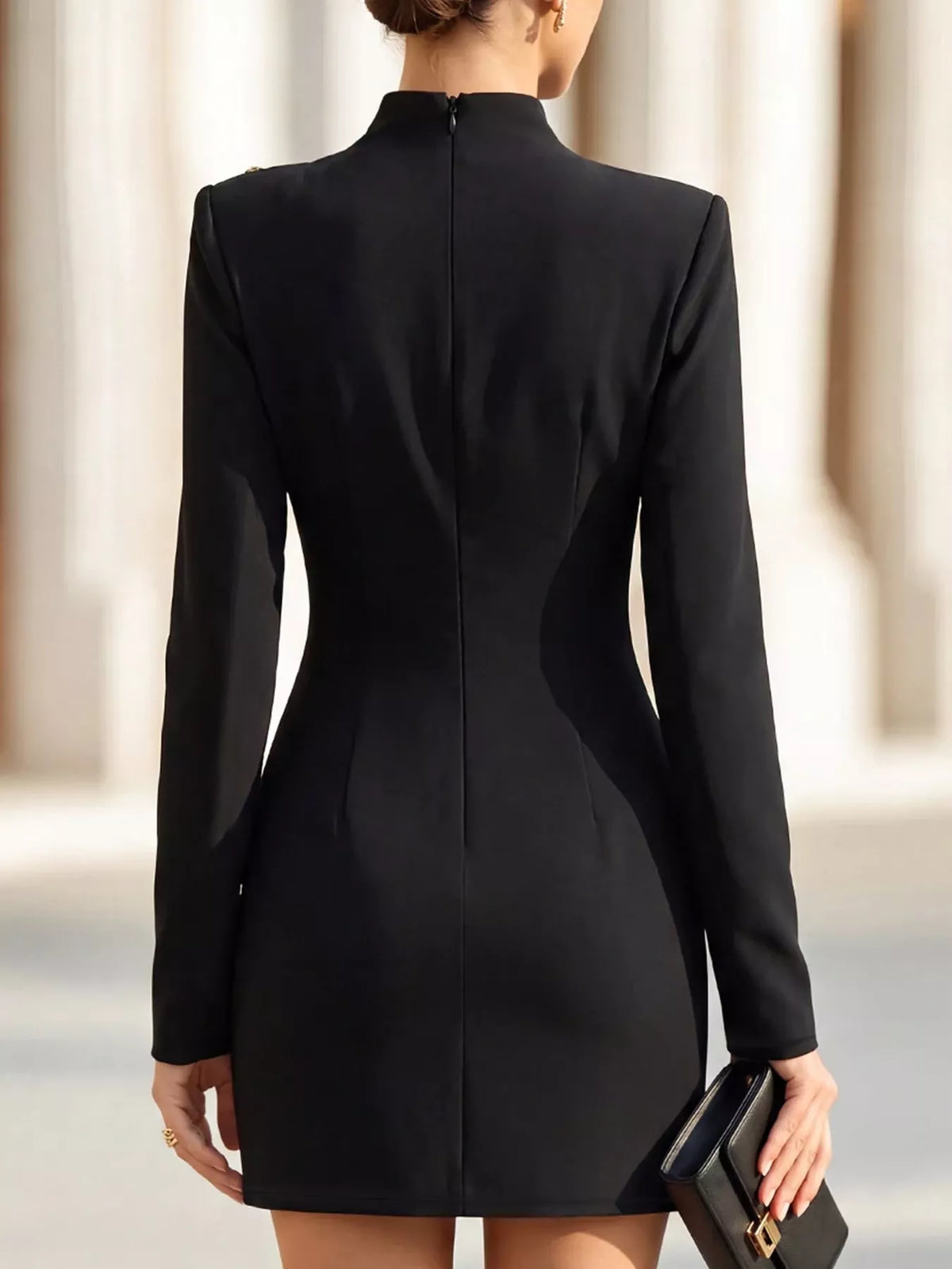 Decorative Button Mock Neck Mini Dress