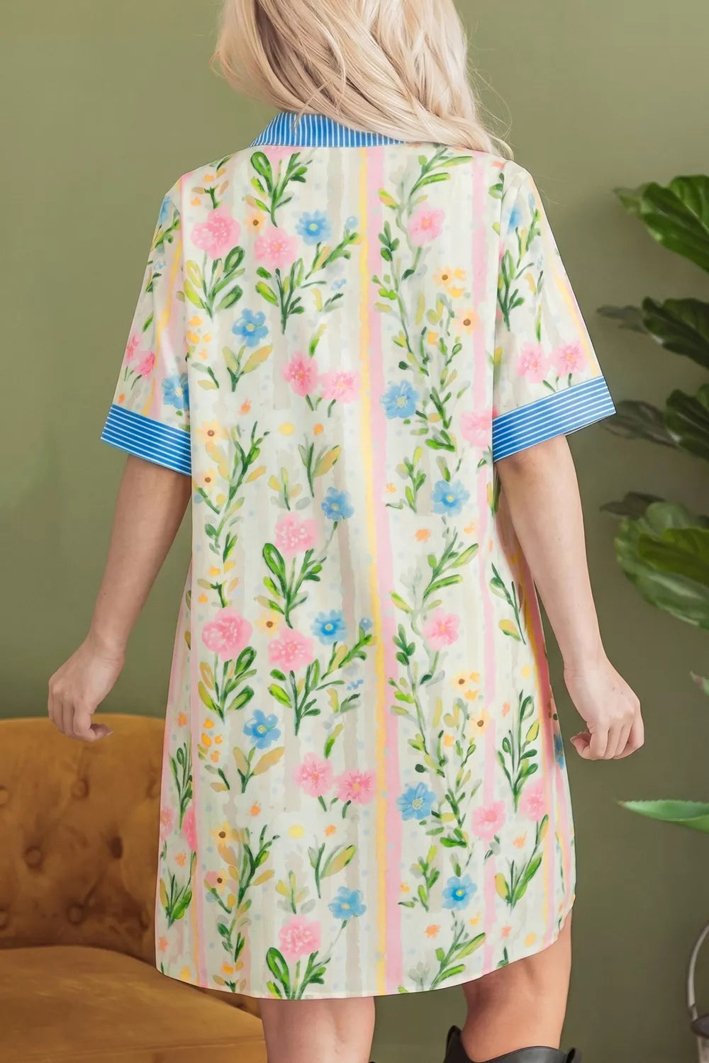 Floral Striped-Trim Shift Dress