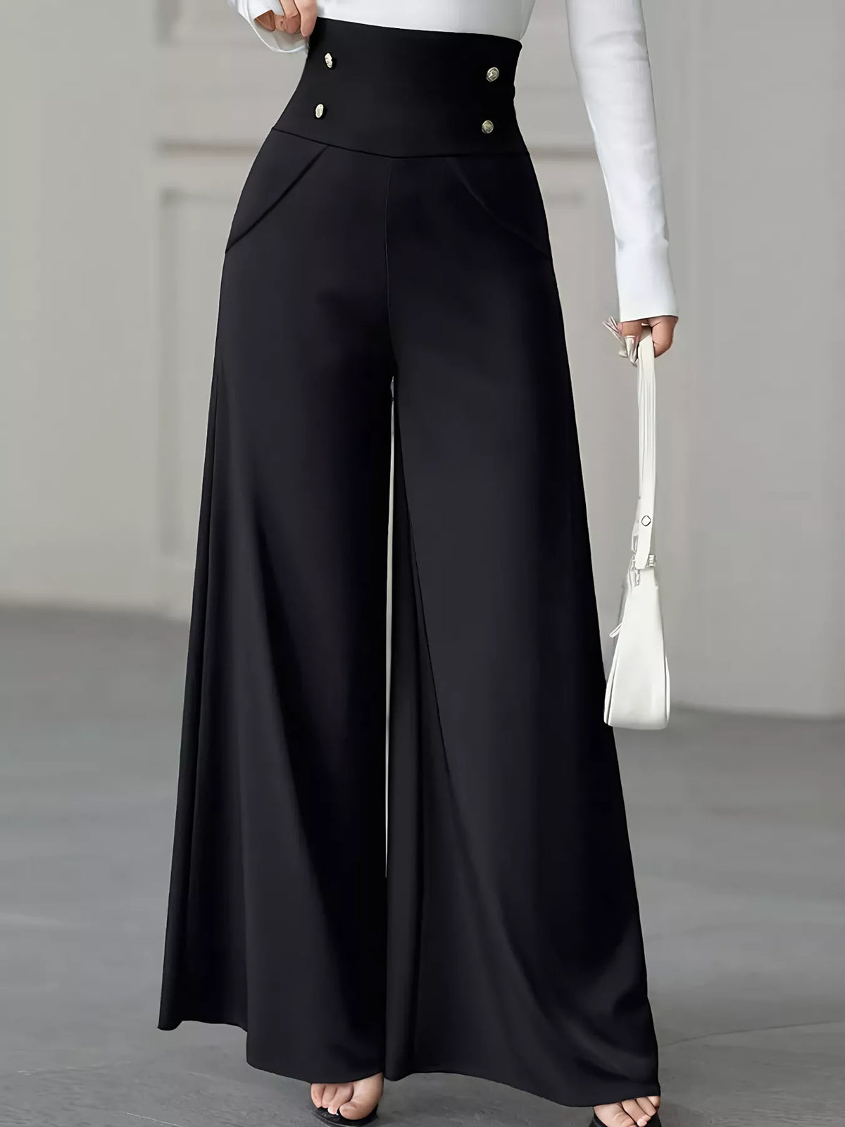 High Waist Wide Leg Pants with Button Detail