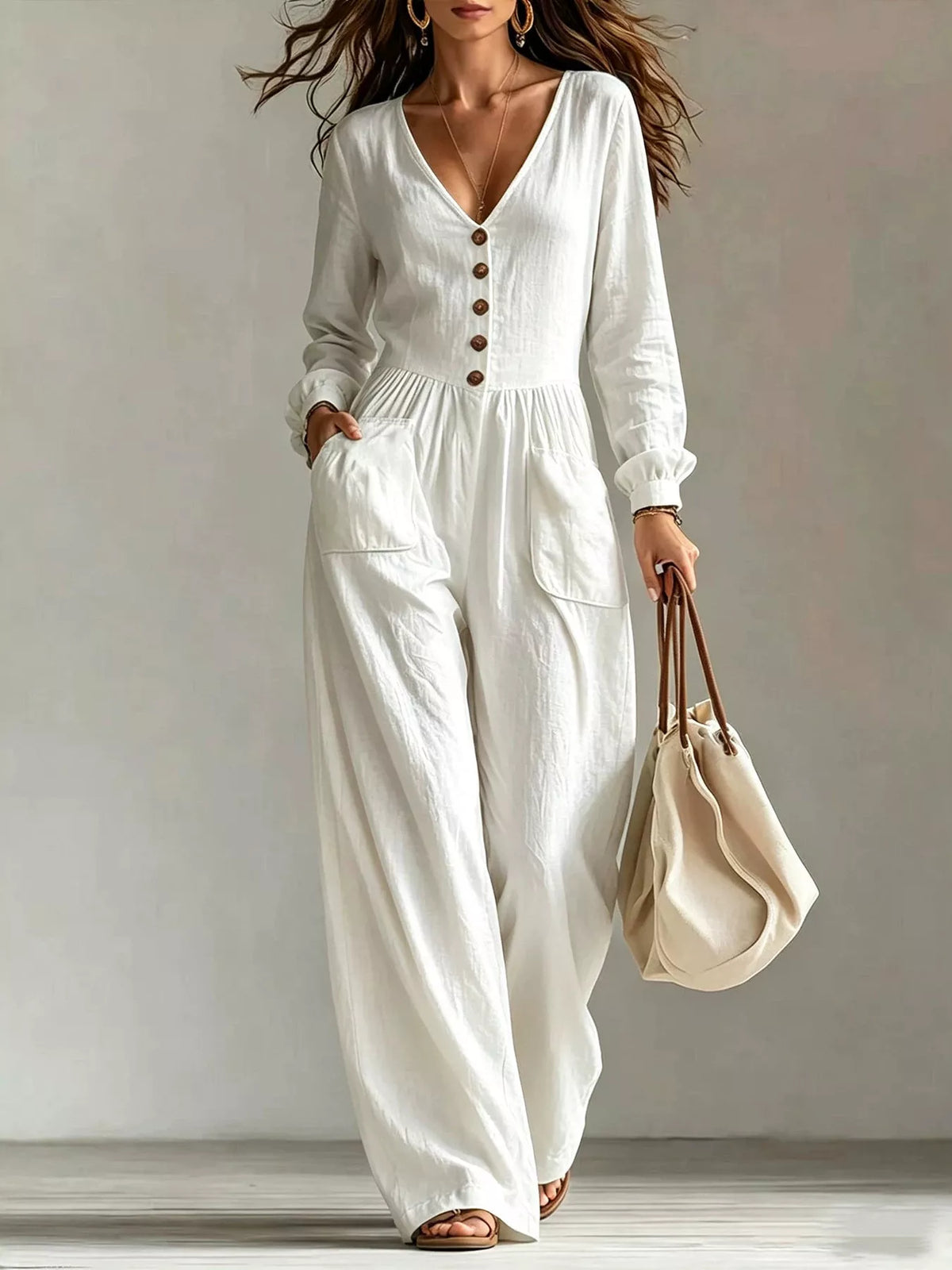 V-Neck Button Front Wide-Leg Jumpsuit
