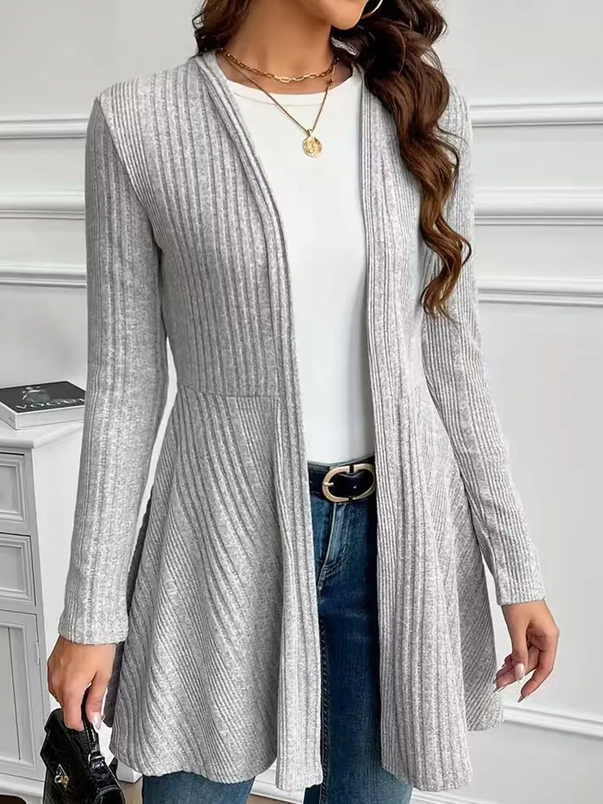 Ribbed Knit Open-Front Cardigan