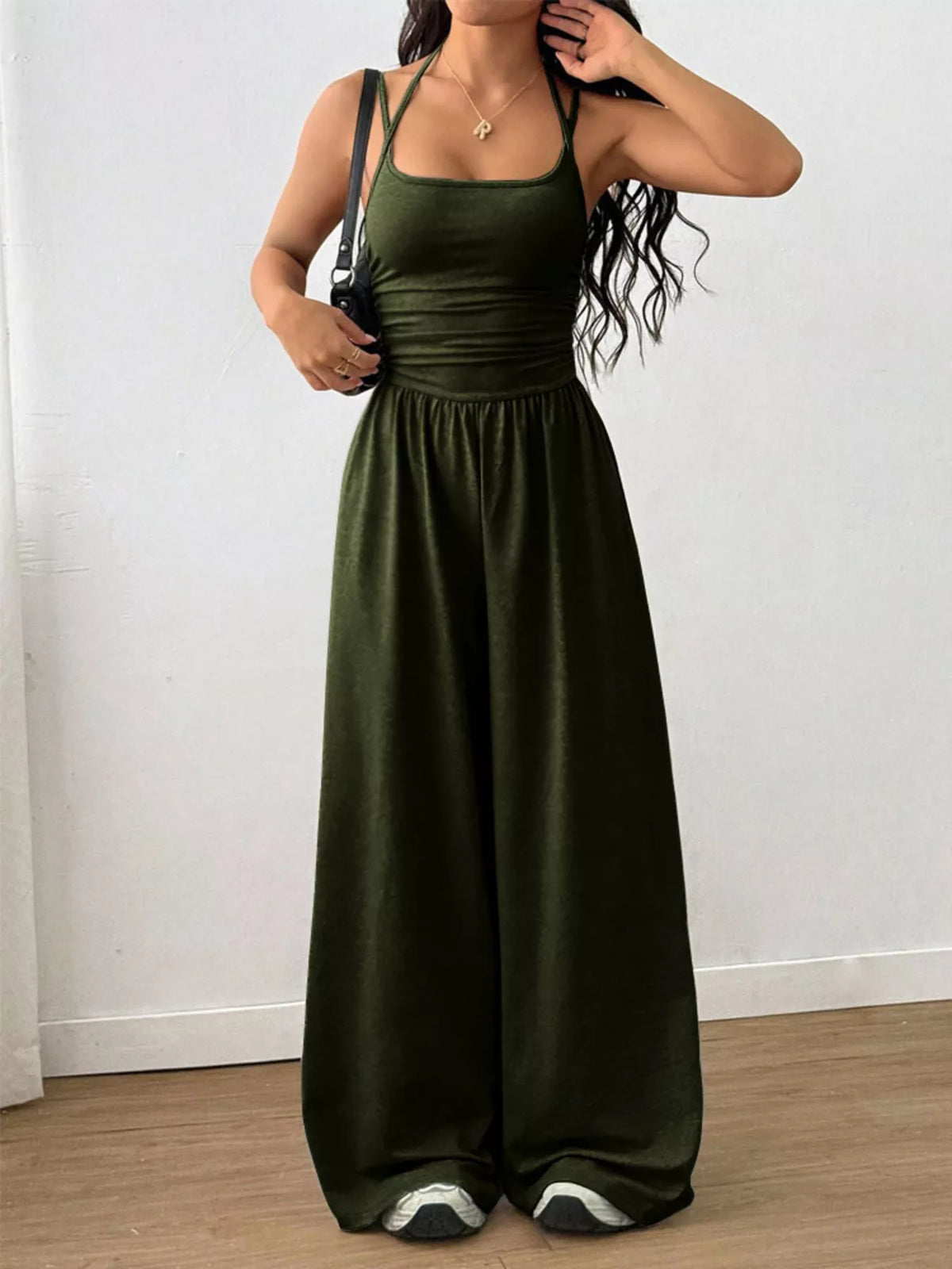 Ruched Spaghetti Strap Wide Leg Jumpsuit
