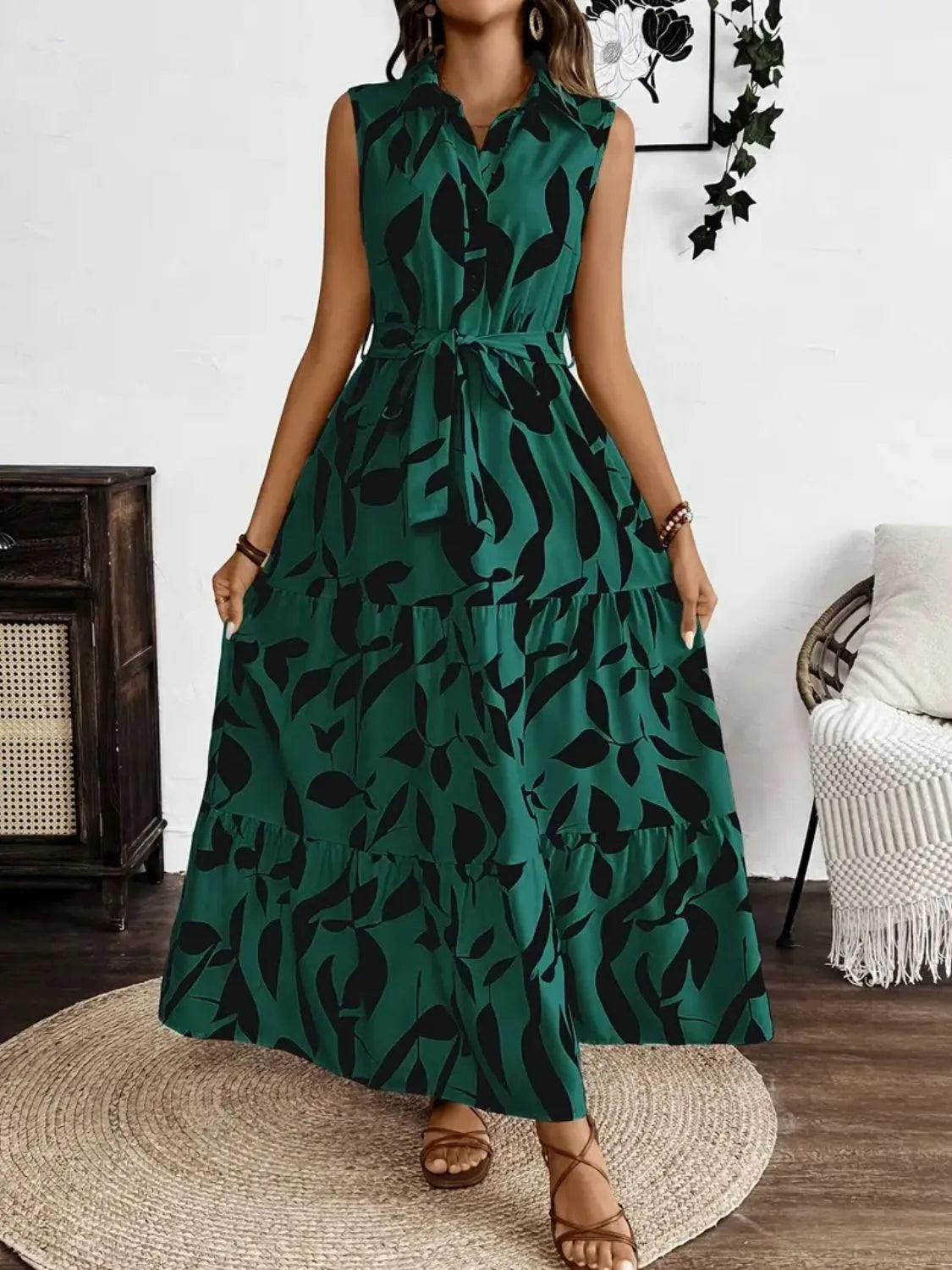 Printed Button-Front Tie-Waist Maxi Dress