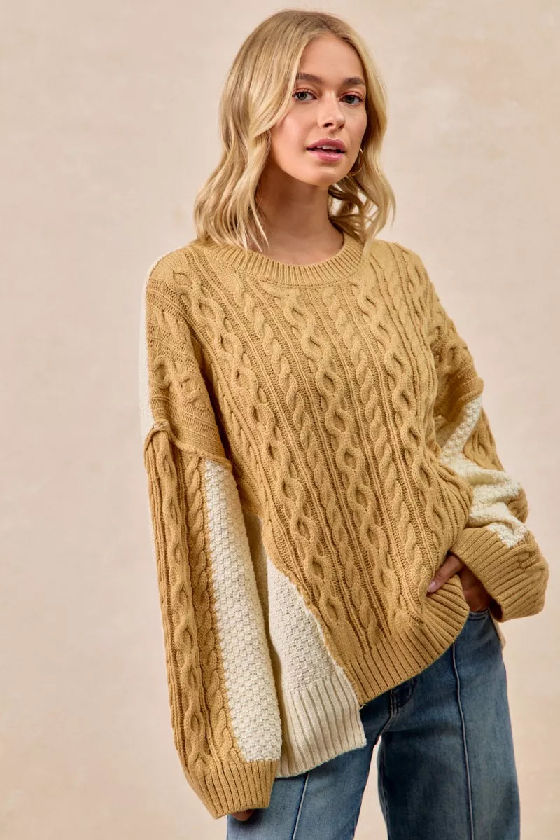 Mustard Ivory Cable Knit Hacci Combo Sweater in Lt mustard/ivory by BiBi