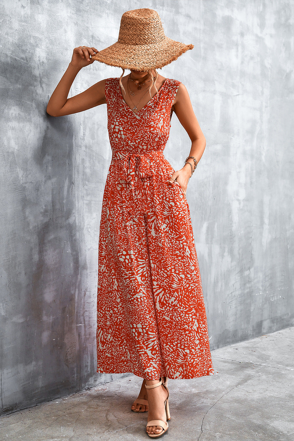 Printed Tie-Waist Maxi Dress with Pockets