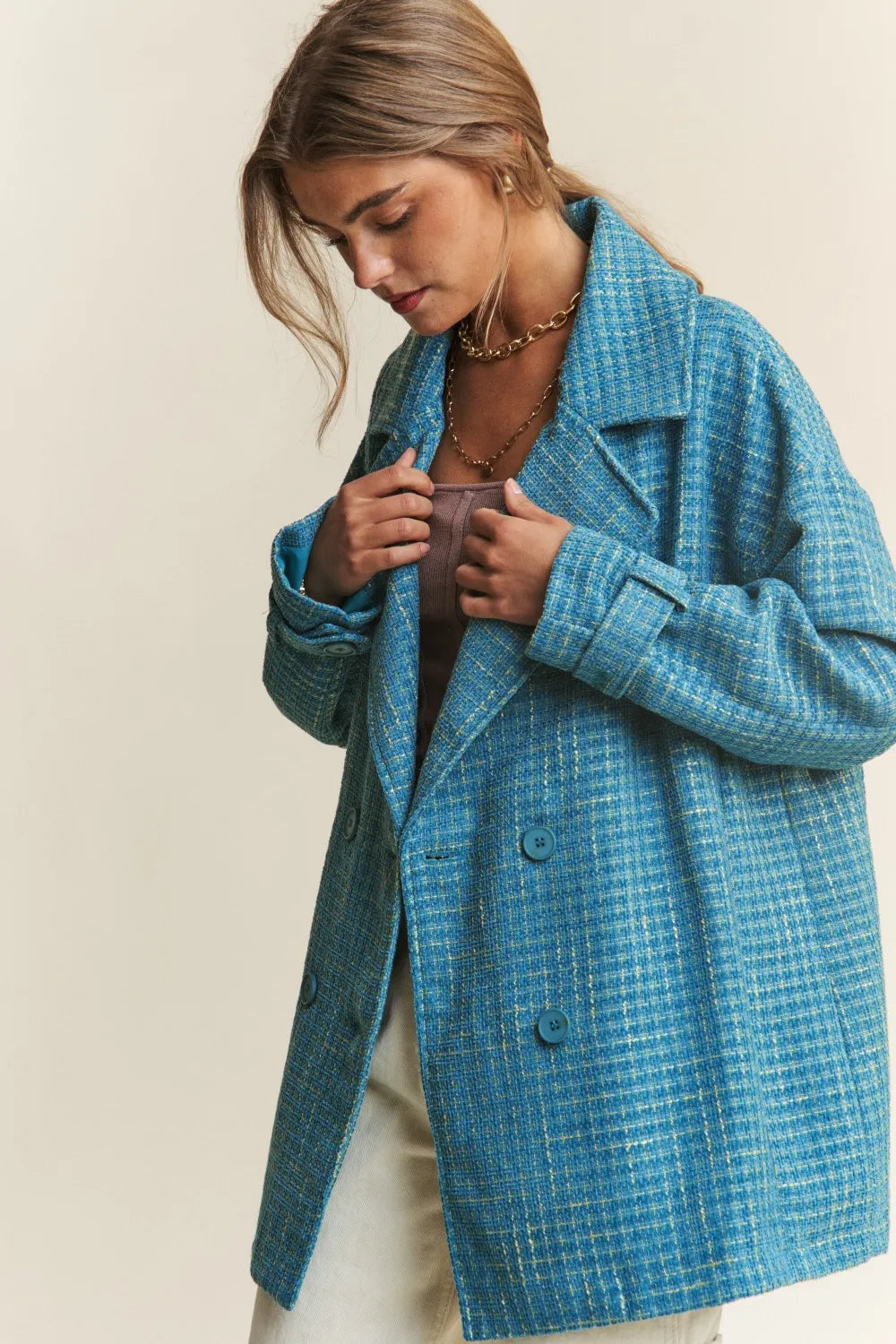 Tweed Double-Breasted Coat in Emerald Sea by J.NNA