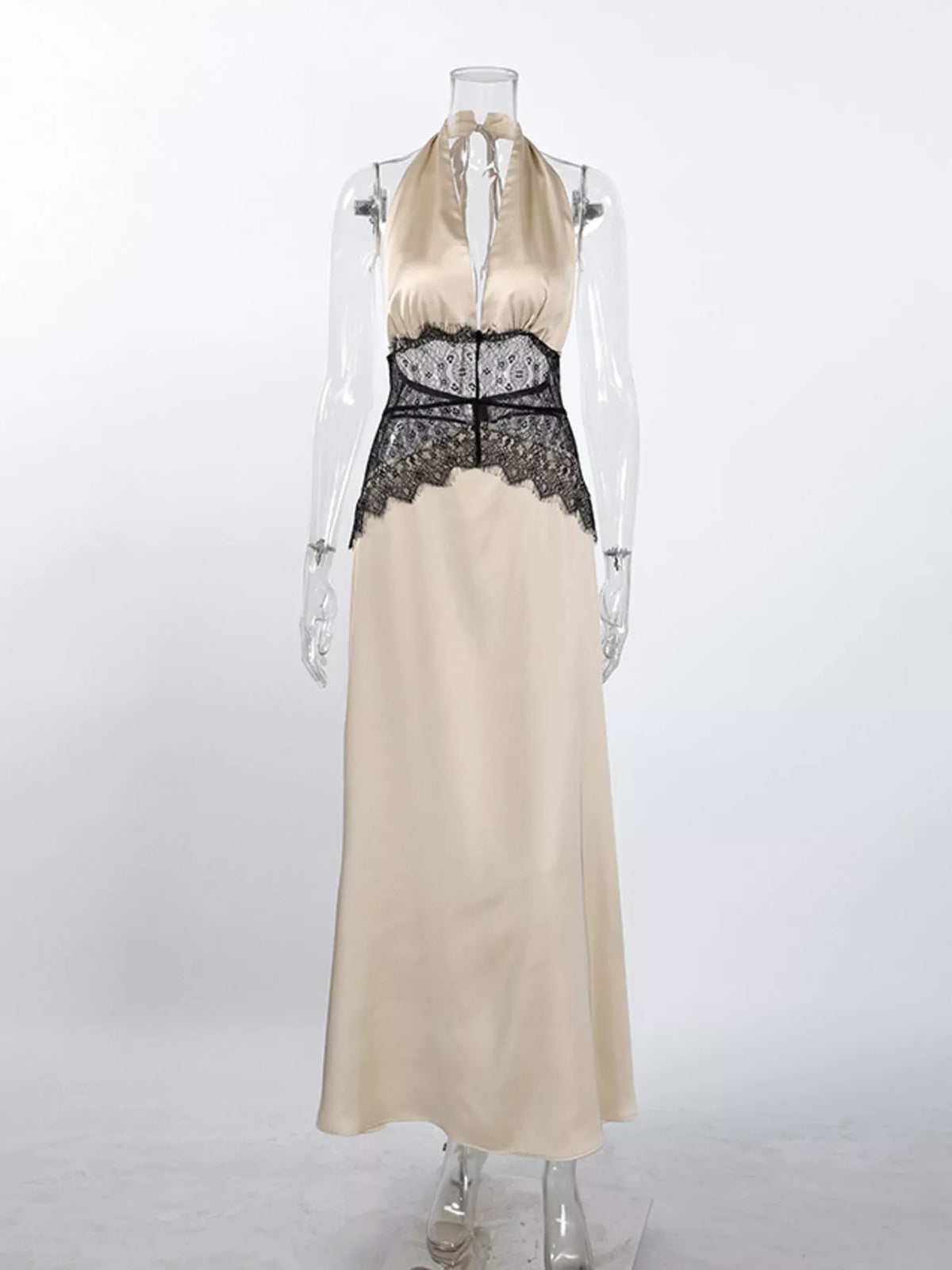 Halter Neck Lace Maxi Dress in Khaki in Khaki Color