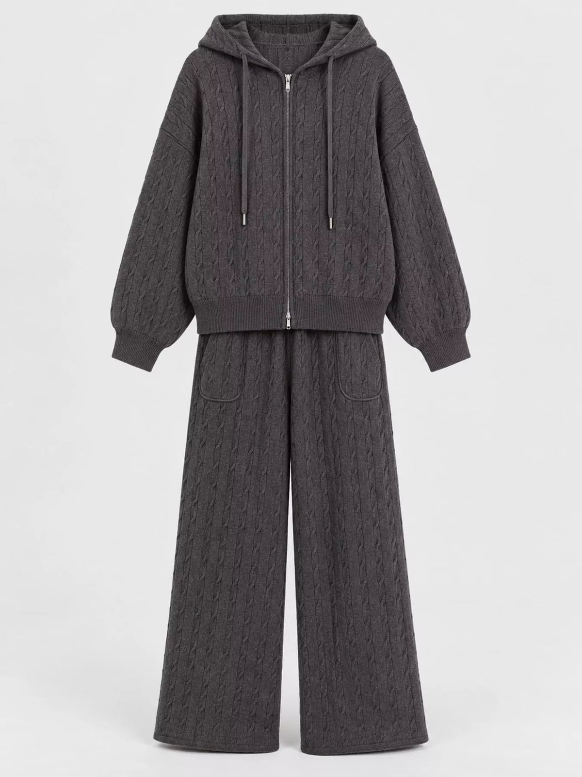 Cable Knit Zip-Up Hooded Cardigan and Wide-Leg Pants Set