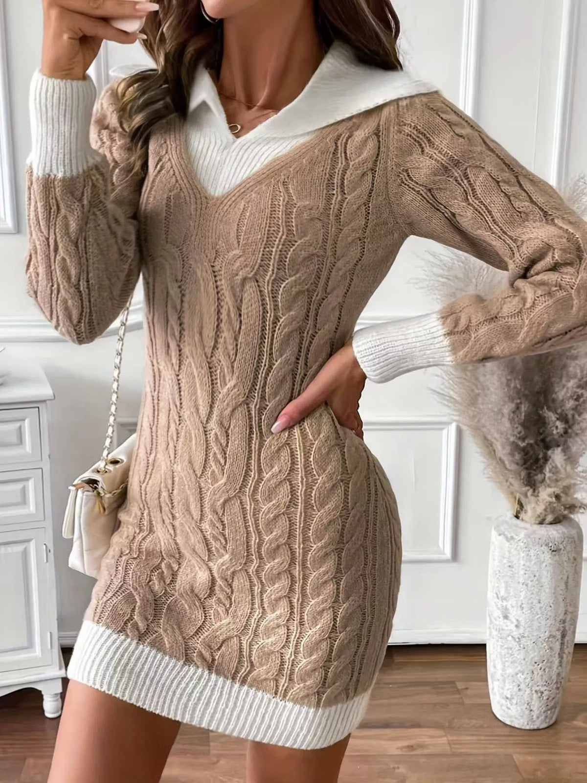 Cable Knit Sweater Dress in Khaki