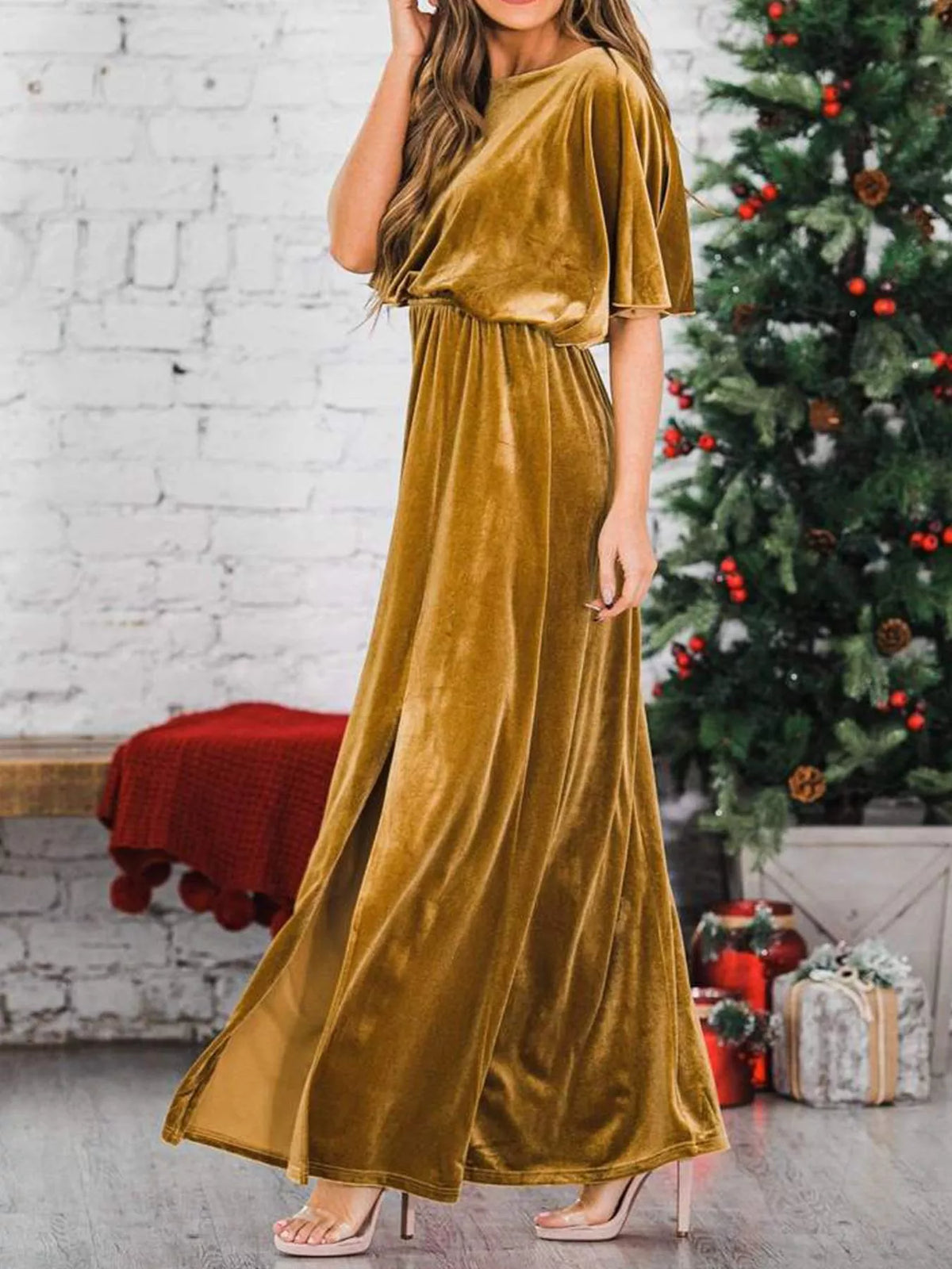 Flutter-Sleeve Velvet Maxi Dress
