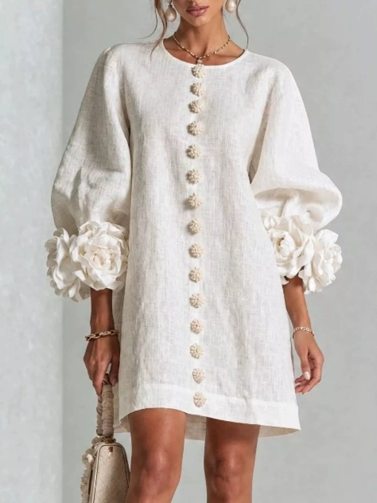 3D Floral Sleeve Round Neck Dress, Plus Size