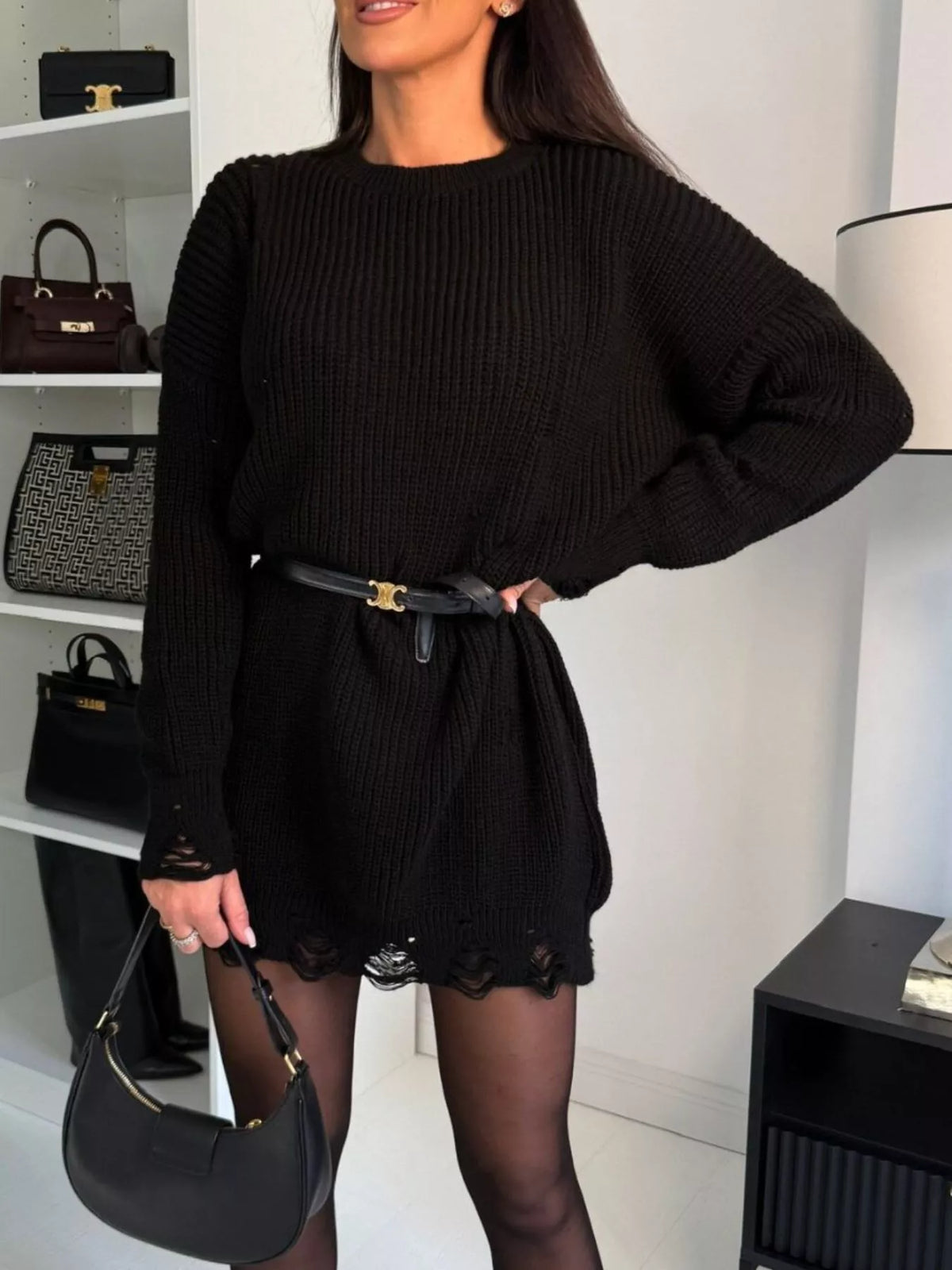 Distressed Round Neck Sweater Dress