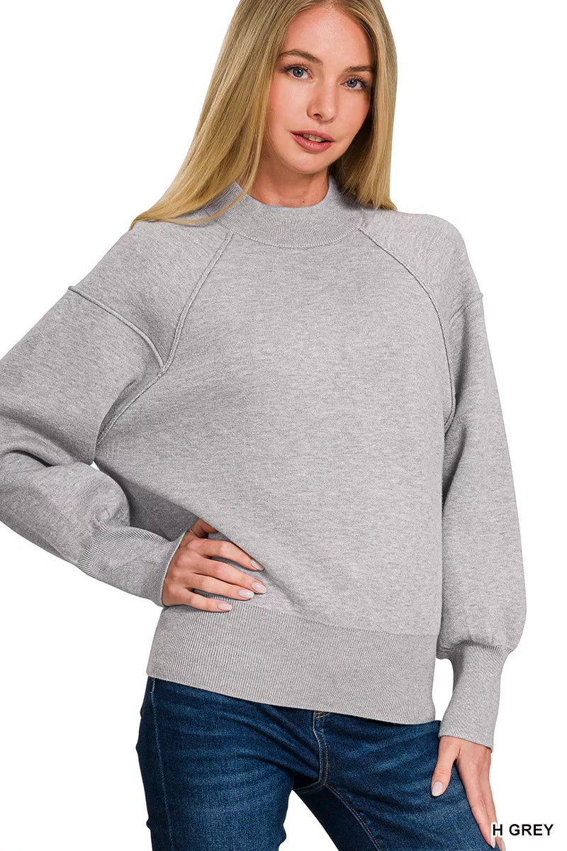 Zenana Viscose Mock Neck Exposed Seam Sweater in Heather Grey in H grey