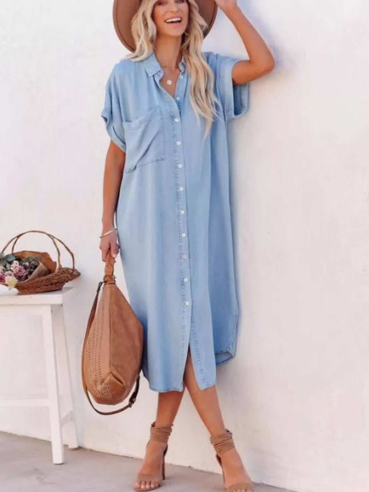 Button-Front Shirt Dress in Light Blue