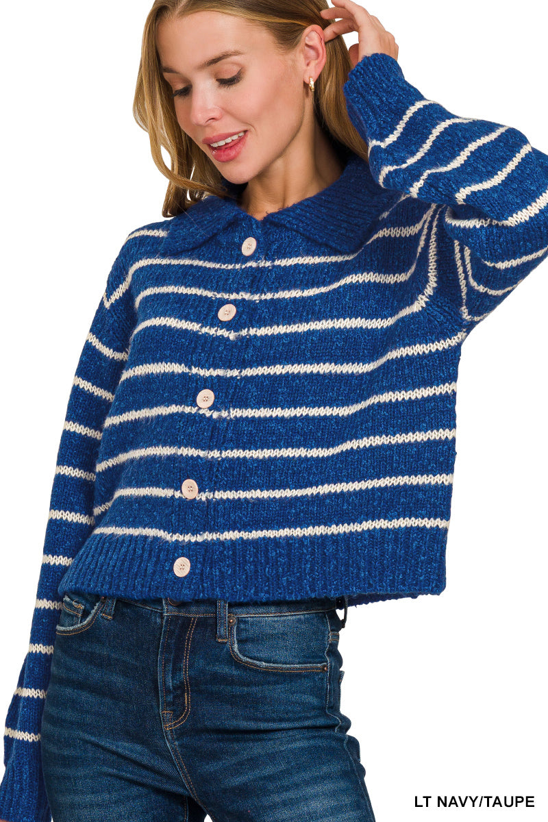 Zenana Striped Button-Down Cardigan in Navy and Taupe in Lt navy/taupe